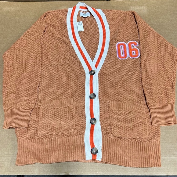 NWT Aerie Varsity Letterman Orange Oversized Cardigan Sweater w/ Pockets "06" - Picture 2 of 10